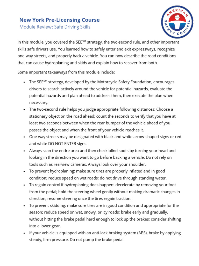 Module Review: Safe Driving Skills: New York Pre-Licensing Course | PDF ...
