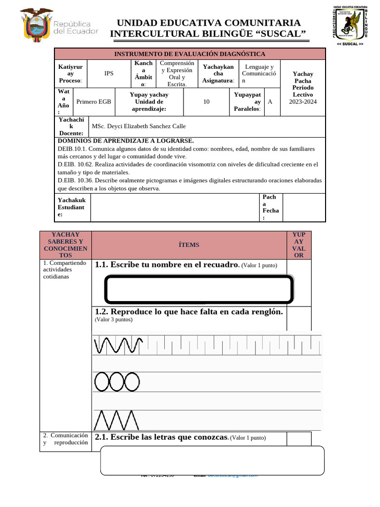 Evaluación Diagnóstica EGB 1 Suscal | PDF | Cognición | Modificación de ...