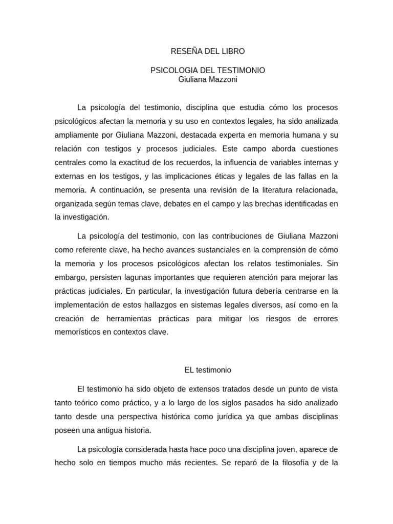 Psicología del Testimonio: Mazzoni | PDF | Testimonio | Testigo