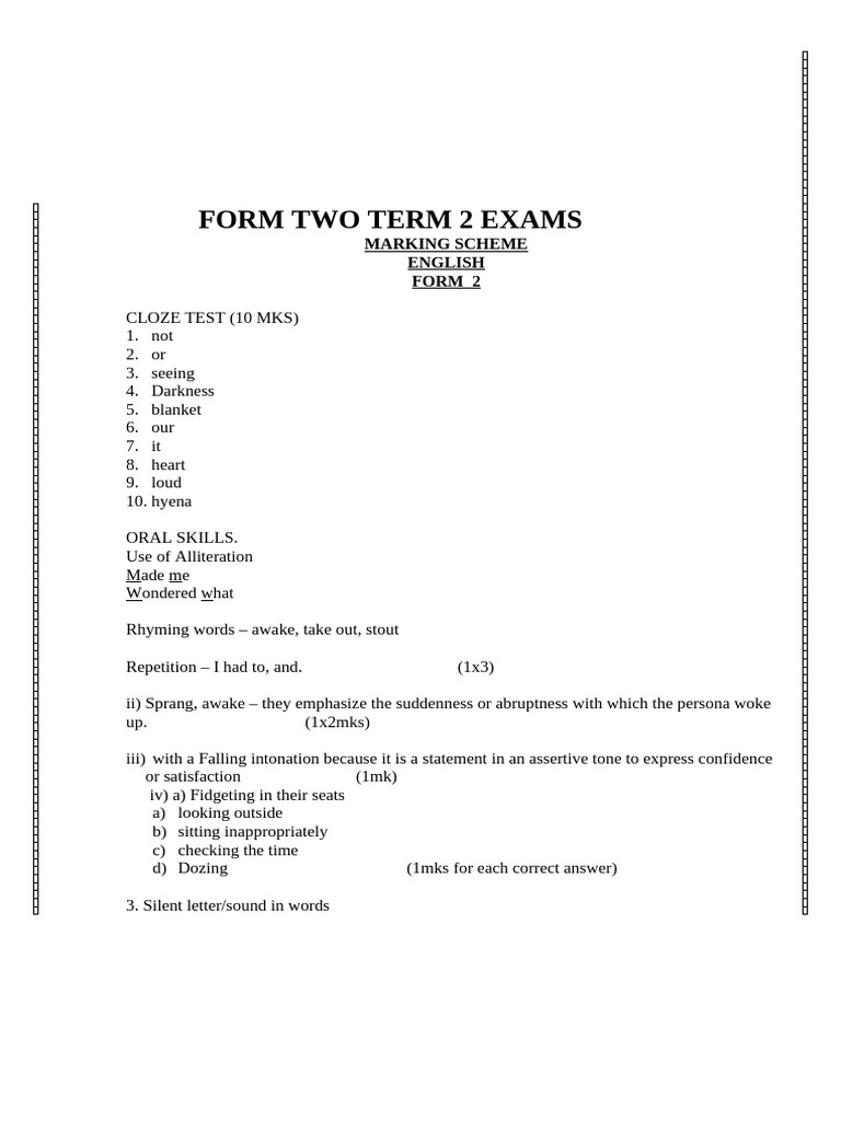 Form 2 English Exam Marking Scheme | PDF | Linguistics