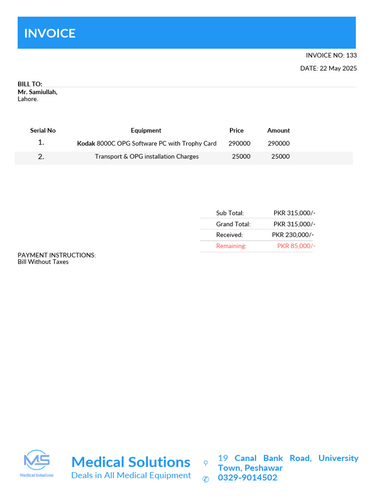Medical Equipment Invoice - Kodak OPG | PDF