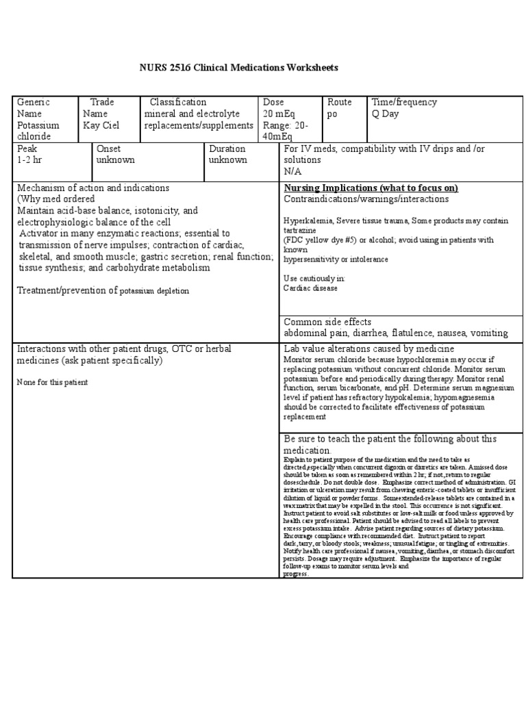 Potassium Chloride Dose (Biochemistry) Pharmacology