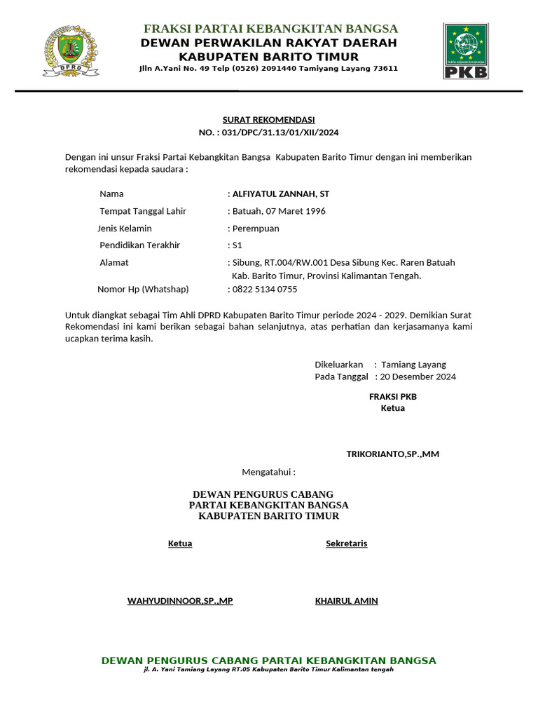 Surat Rekomendasi Tim Ahli Fraksi PKB Alfiatul Zannah | PDF