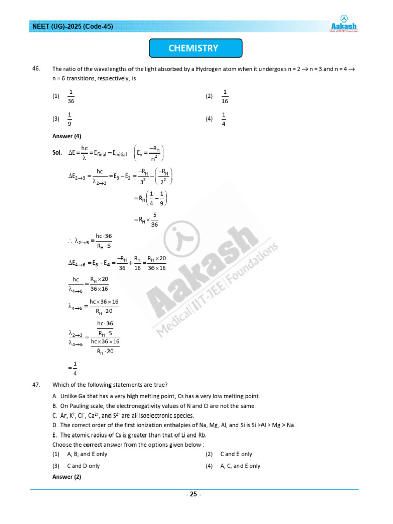 NEET 2025 Chemistry Code 45 Solutions | PDF | Distillation | Chemical ...