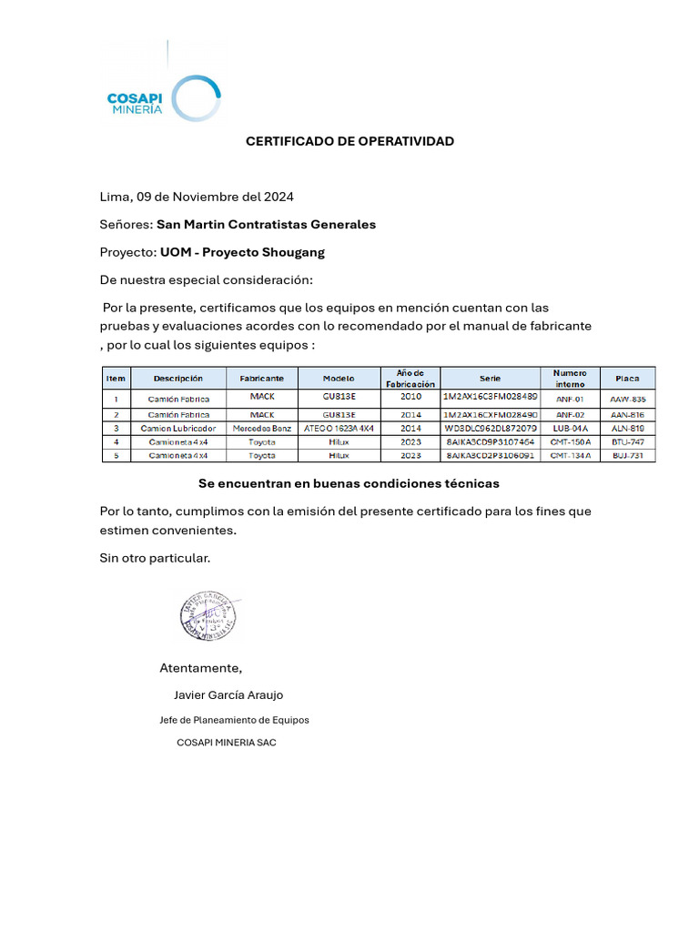Certificado de Operatividad | PDF