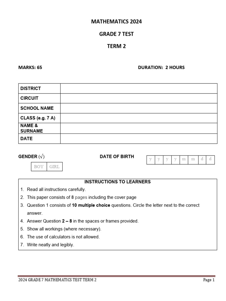 Grade 7 Mathematics Test Term 2 2024 | PDF | Numbers | Elementary ...