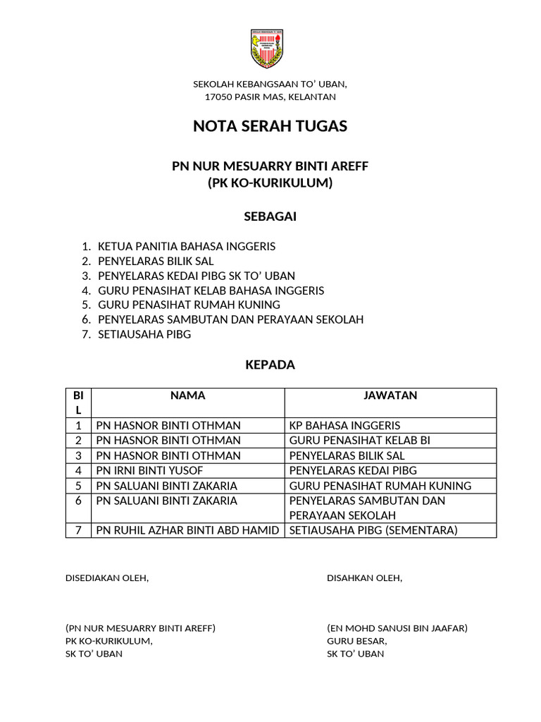 Nota Serah Tugas | PDF