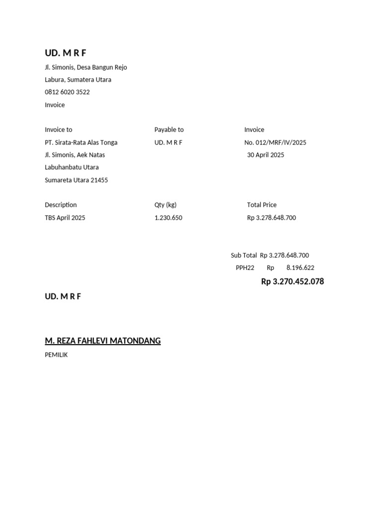 Invoice TBS April 2025 UD. M R F | PDF