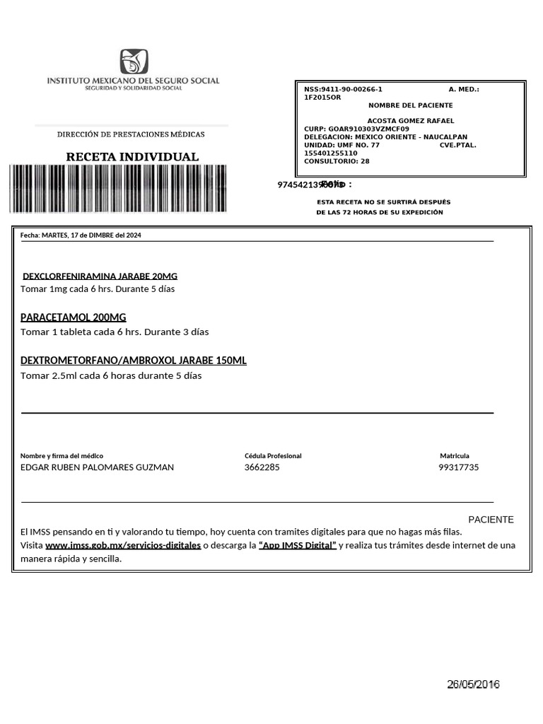 Receta médica para Acosta Gómez Rafael | PDF