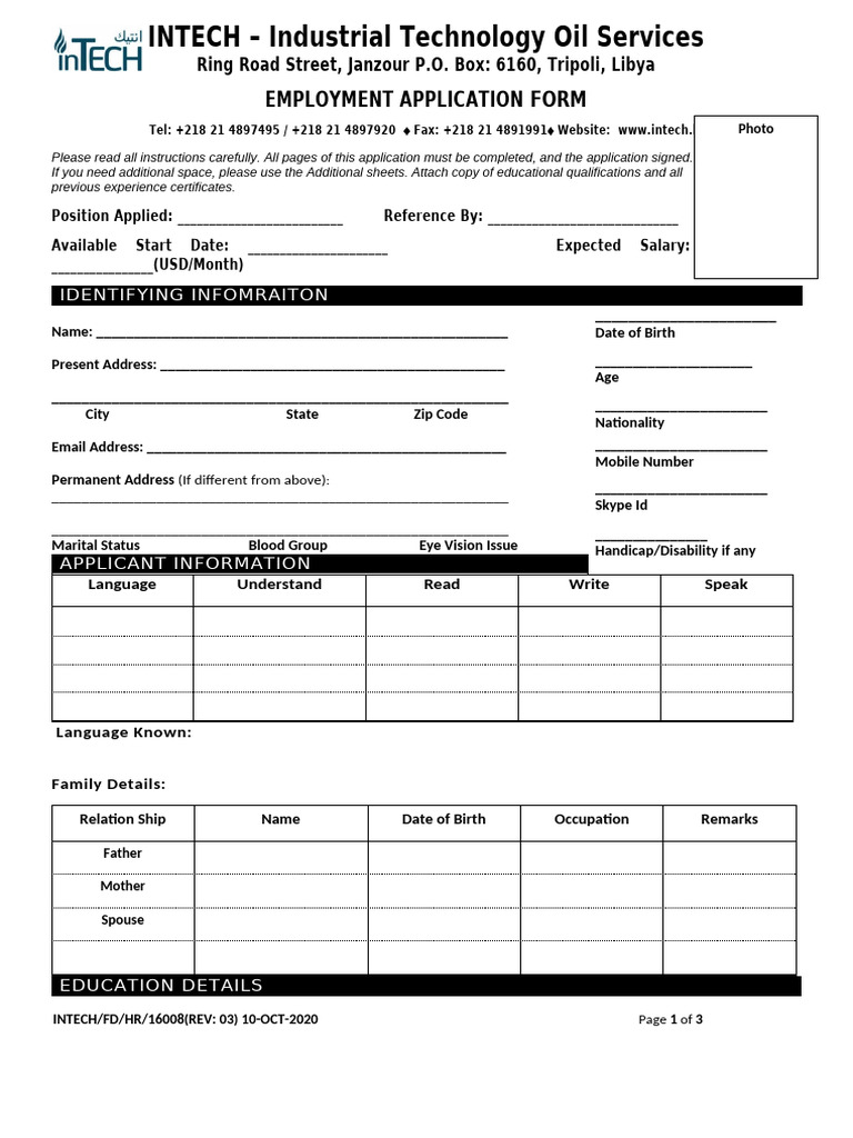 16008-Employment Application - Intech-Fd-Hr-16008-Rev.03-11-Oct-2020. | PDF