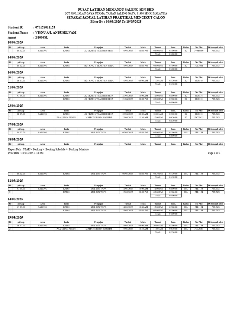 Jadual Latihan KPP02 dan KPP03 | PDF