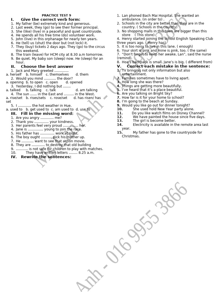 English Practice Test: Verb Forms & Grammar | PDF