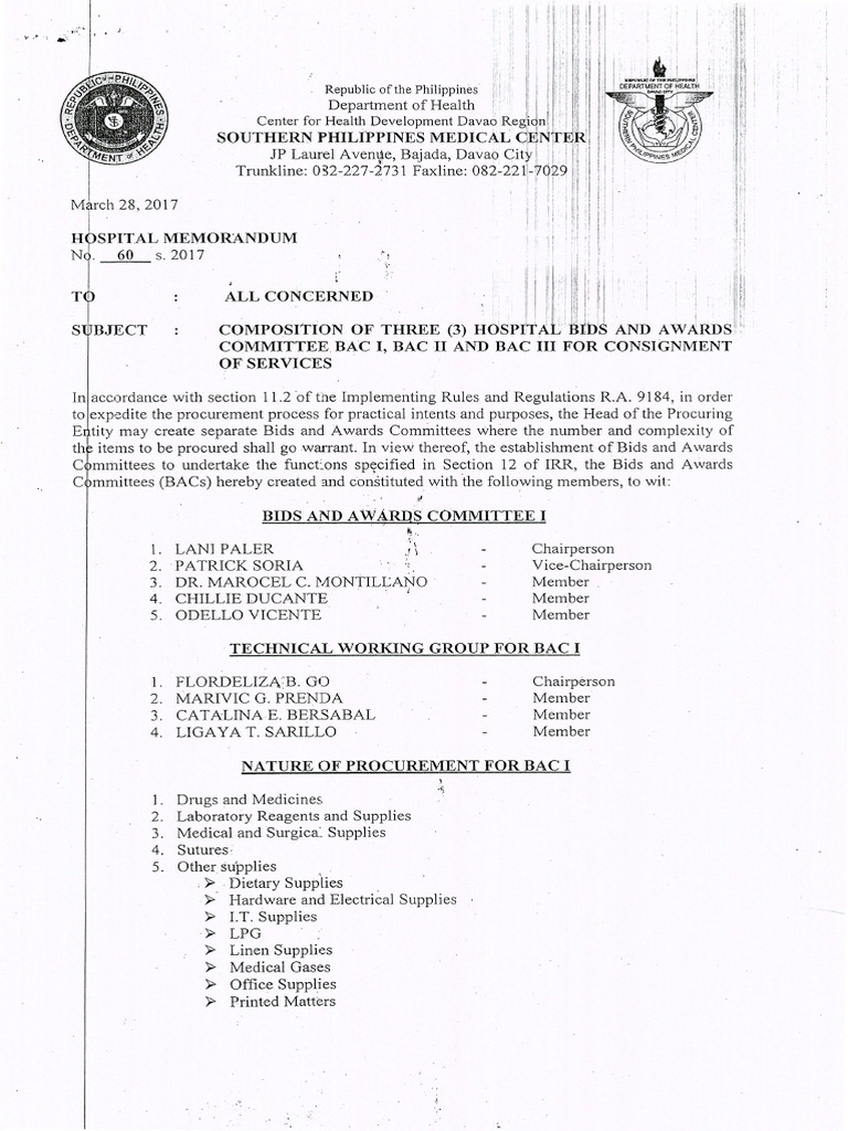 SPMC Hospital Memorandum - BAC 2017 | PDF