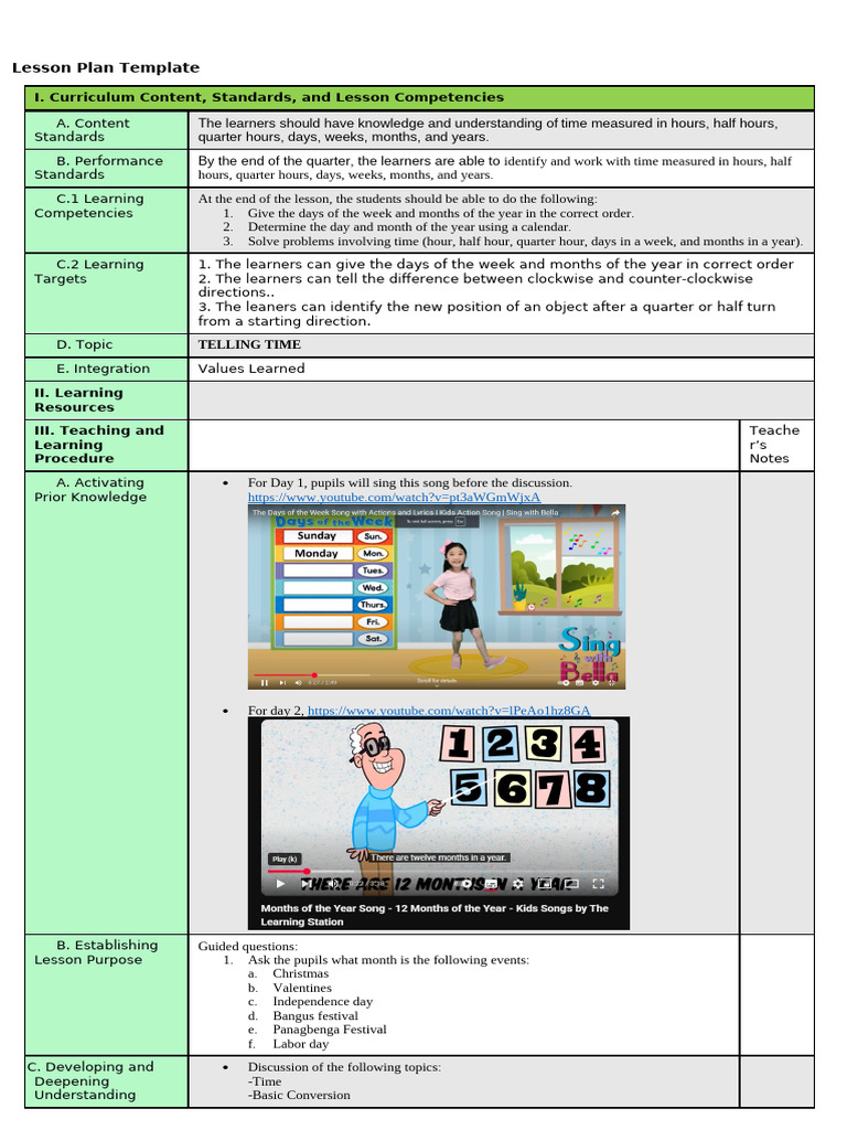 Comprehensive Lesson Plan on Telling Time | PDF | Procedural Knowledge ...