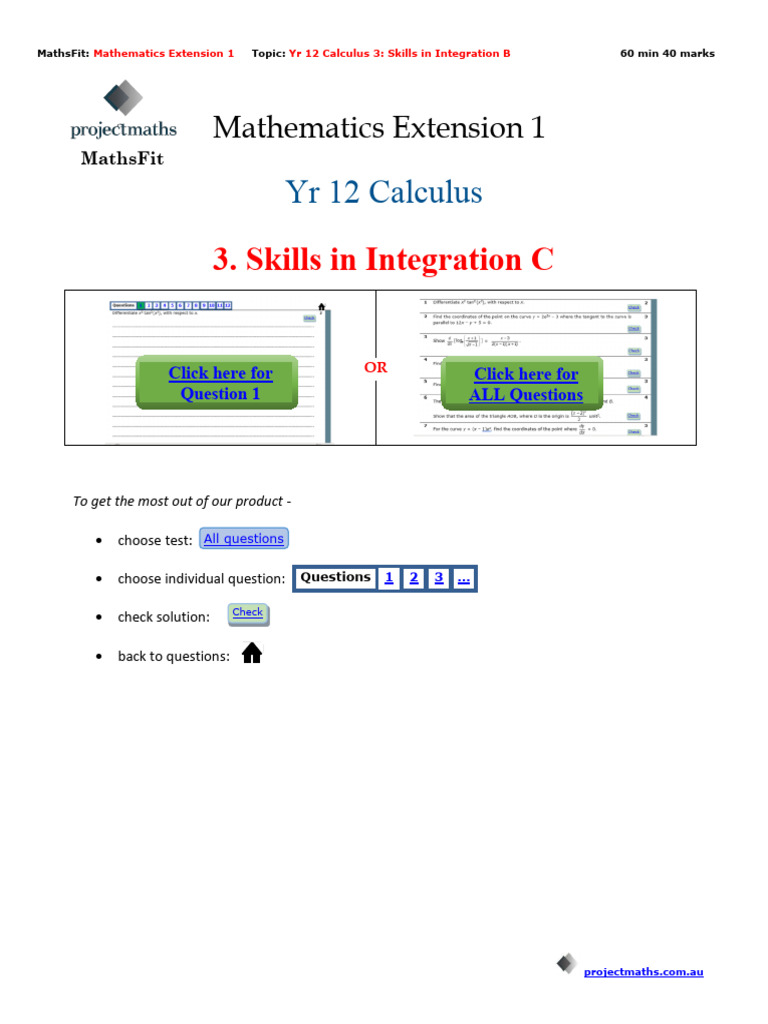 Year 12 Calculus 3 Skills in Integration B MX MathsFit | PDF | Integral ...
