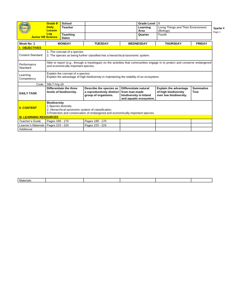 Grade 8 Biodiversity Lesson Plan | PDF | Species | Biodiversity