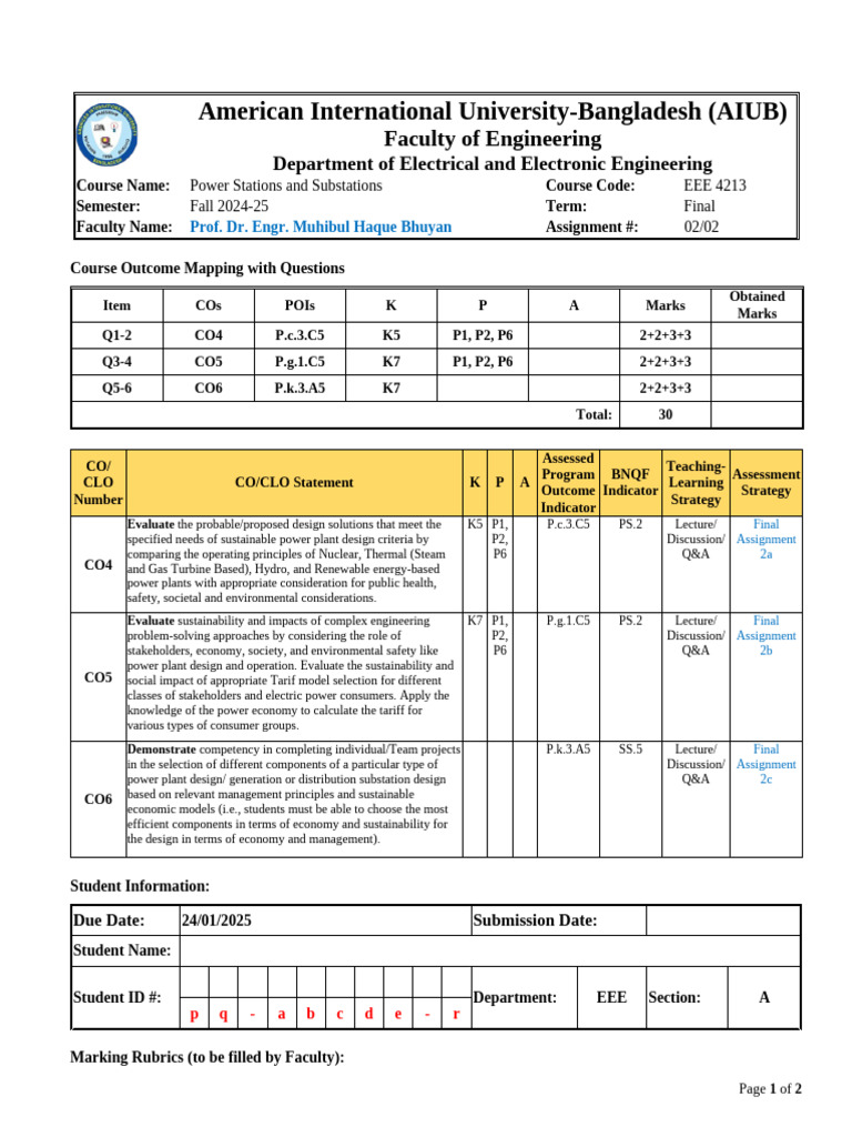 AIUB EEE Power Stations Assignment Guide | PDF | Electricity Generation ...