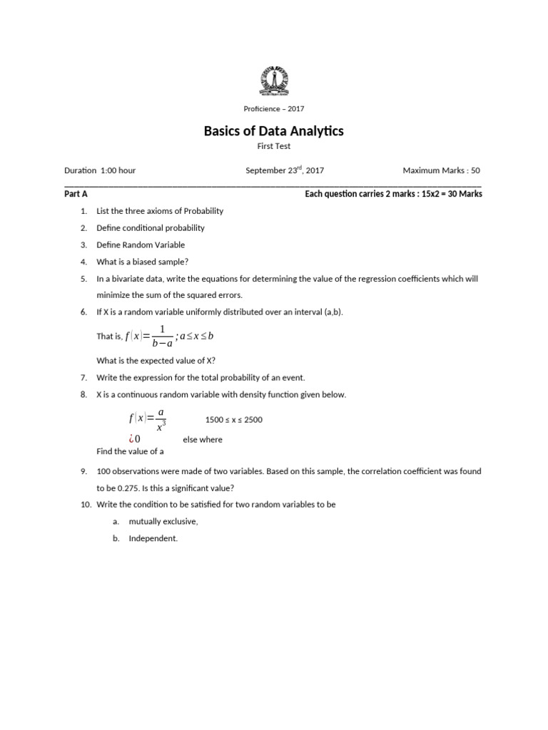 BDA Aug2017 First Test 2nd Batch | PDF | Regression Analysis | Linear ...