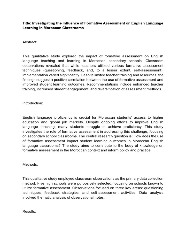 Formative Assessment in Moroccan EFL Classrooms | PDF | Educational ...