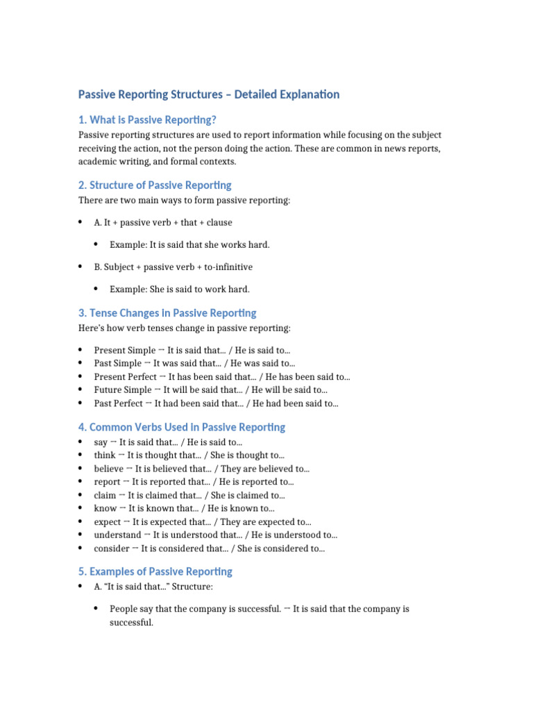 Passive Reporting Structures Updated | PDF | Perfect (Grammar) | Verb