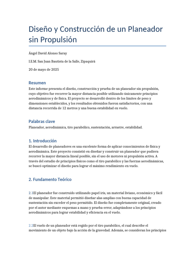 Informe IEEE Planeador AlonsoSaray Actualizado | PDF | Levantar (Fuerza ...