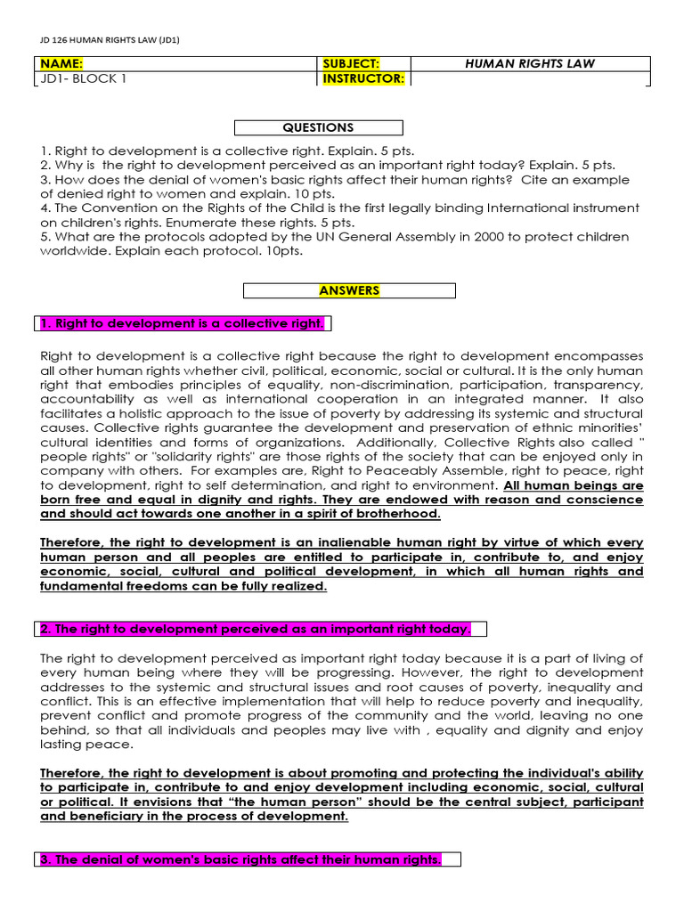 Human Rights - Exam - Possible Questions | PDF | Woman | Children's Rights