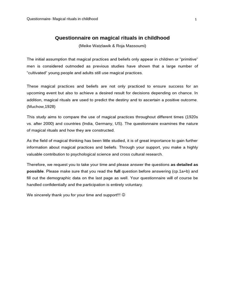 Questionnaire On Magical Rituals in Childhood | PDF | Rituals ...