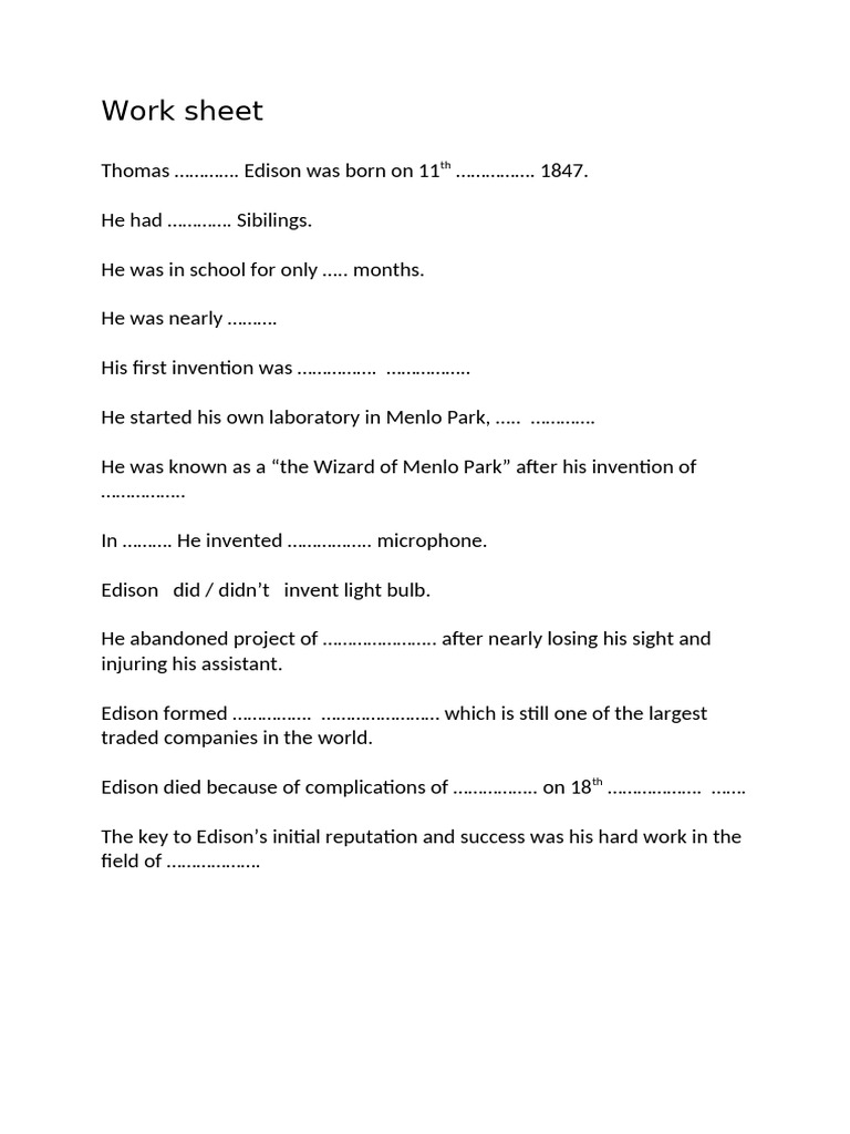 Worksheet - Edison | PDF