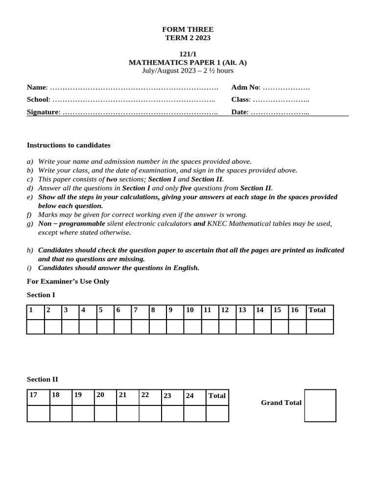 2023 Mathematics f3 p1 Qs t2 Exam Teacher - Co .Ke | PDF | Area ...