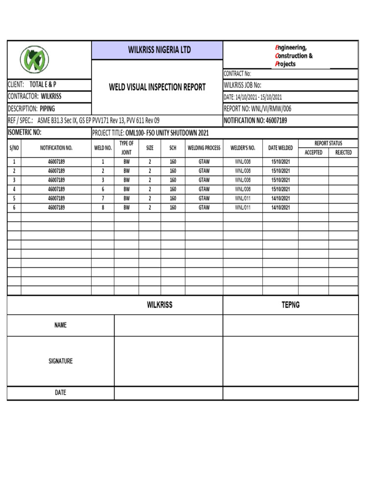 Welding Inspection Report OML100 2021 | PDF