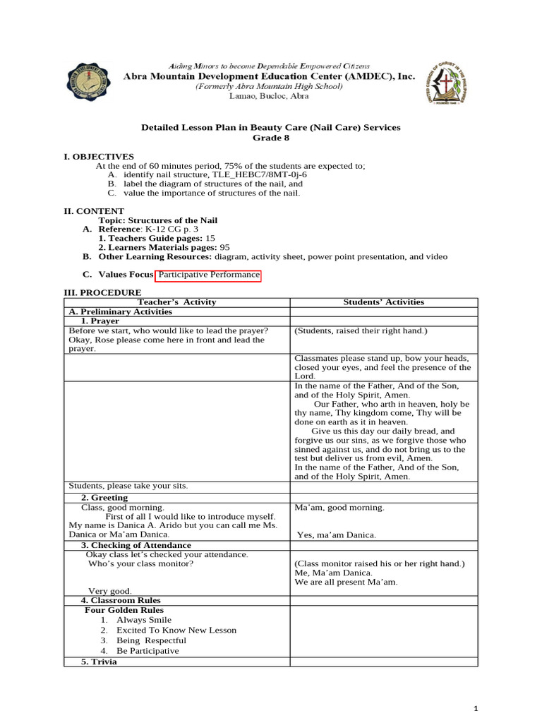 Grade 8 Nail Care Lesson Plan | PDF | Nail (Anatomy)