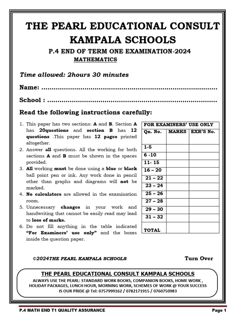 P.4 Mathematics End Term Exam 2024 | PDF | Mathematics