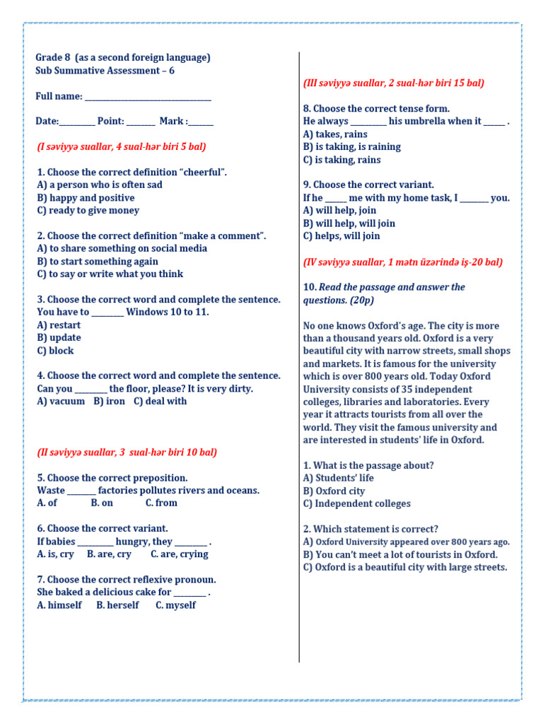 Grade 8 ESL Summative Assessment | PDF | Language Mechanics ...