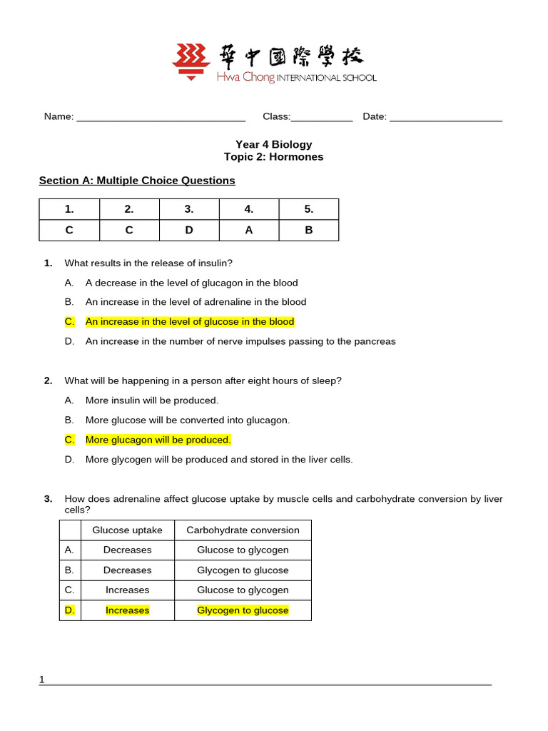 Year 4 Biology: Hormones MCQs & Answers | PDF | Hormone | Glycogen