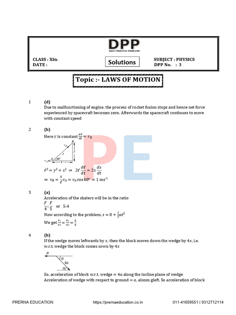 Force and Laws of Motion DPP 3 SOLUTION Min | PDF | Force | Acceleration