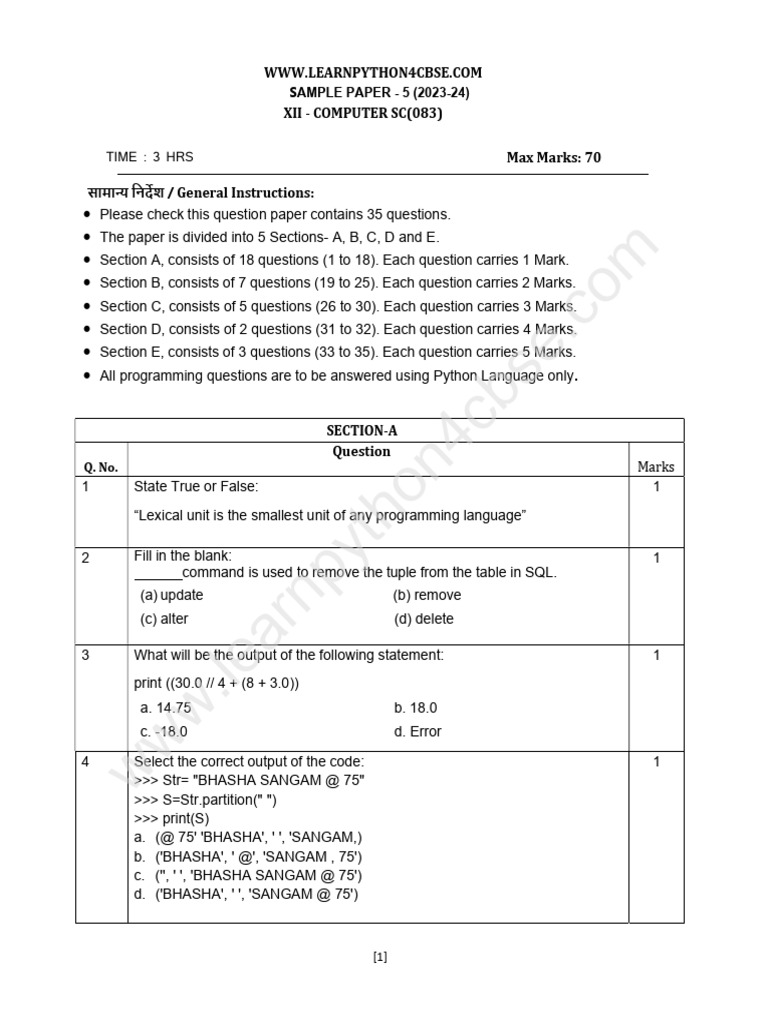 Python Programming Sample Paper 2023-24 | PDF | Sql | String (Computer ...