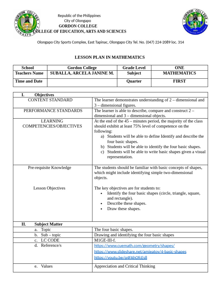 Lesson Plan: Identifying Basic Shapes | PDF | Shape | Learning