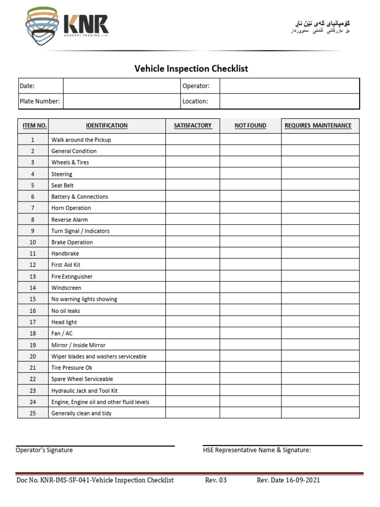 Vehicle Inspection Checklist Template | PDF