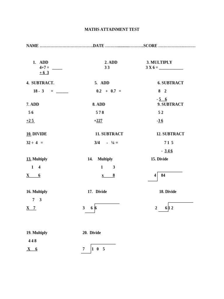 Grade 4 Maths Attainment Test | PDF