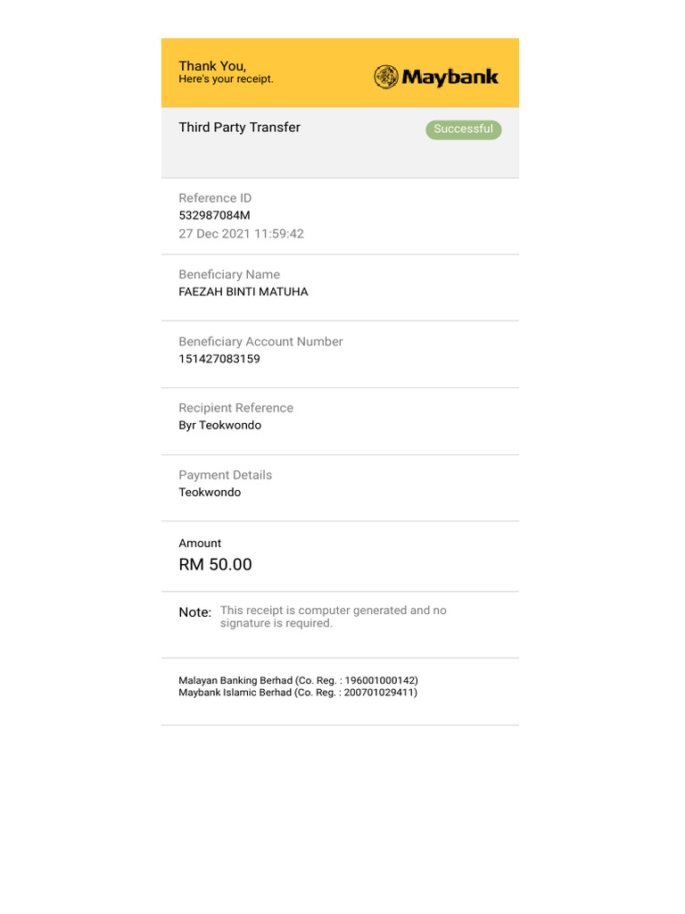 Successful Payment Receipt for Teokwondo | PDF
