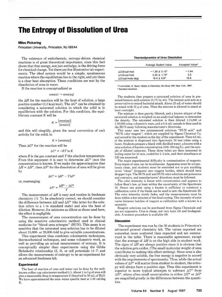 Urea Dissolution Entropy Experiment | PDF | Solubility | Solvation