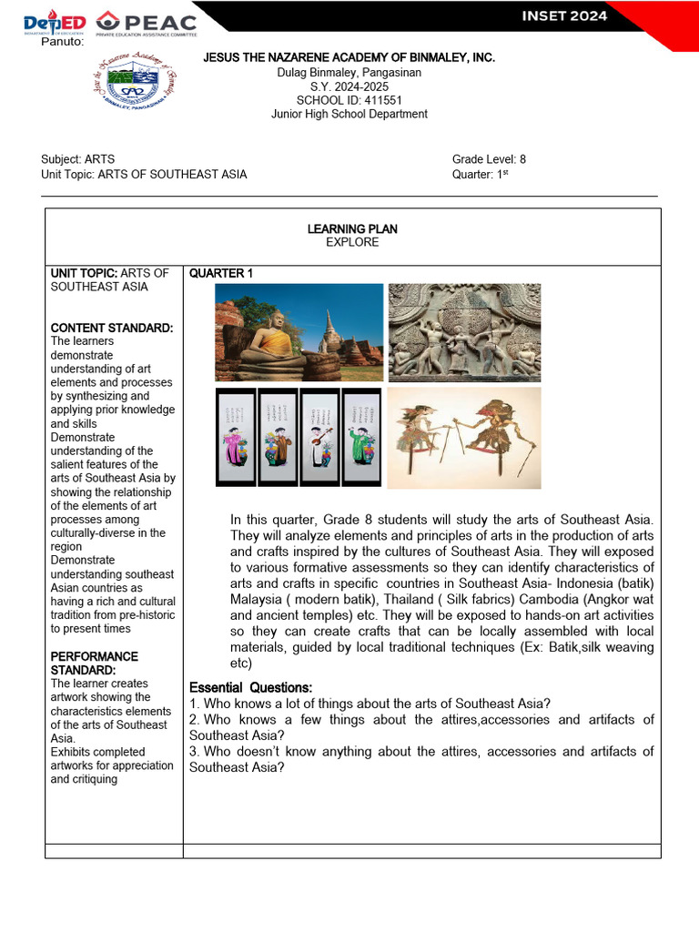 Grade 8 Arts of Southeast Asia Plan | PDF | Human Communication ...