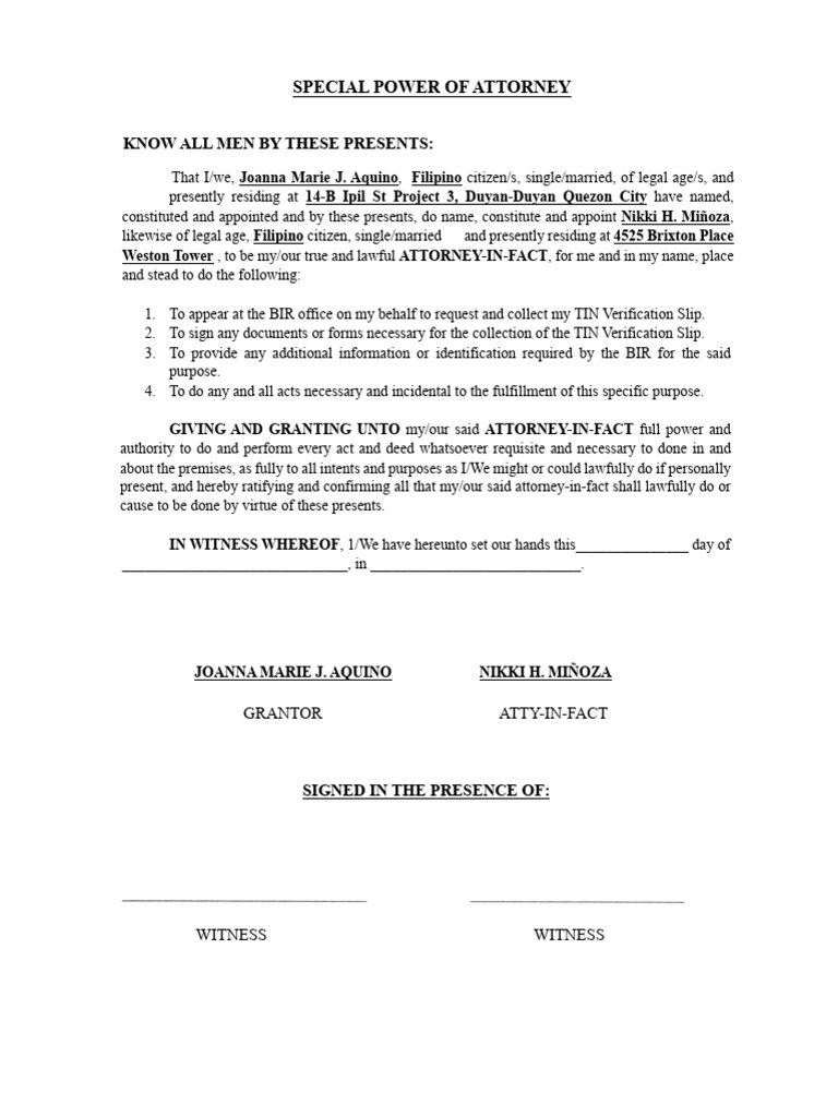SPA To Pick Up TIN Verification Slip 2 | PDF | Power Of Attorney ...