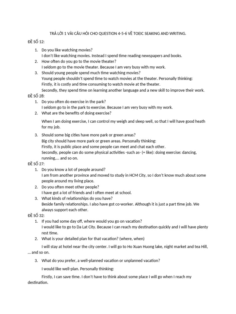 TOEIC Speaking & Writing Sample Answers | PDF