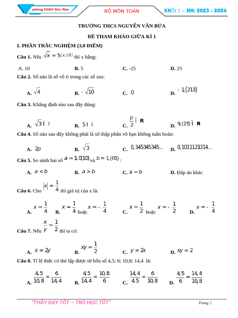 De tham khao GK1 - Toan 7 - Bảo Thi | PDF