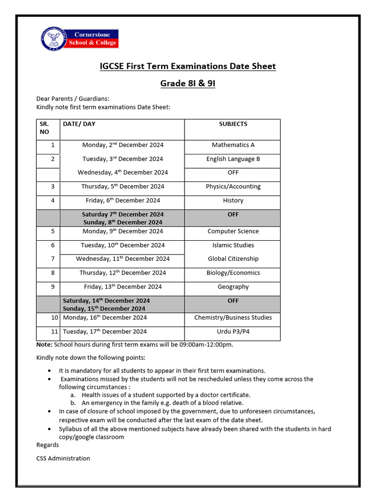 IGCSE Grade 8 & 9 Exam Schedule 2024 | PDF