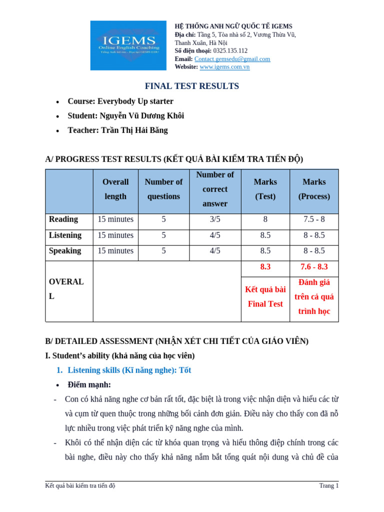 Result Test - Dương Khôi | PDF