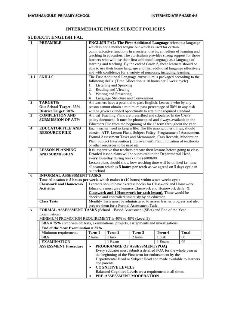 English FAL Policies for Intermediate Phase | PDF | Teachers | Learning