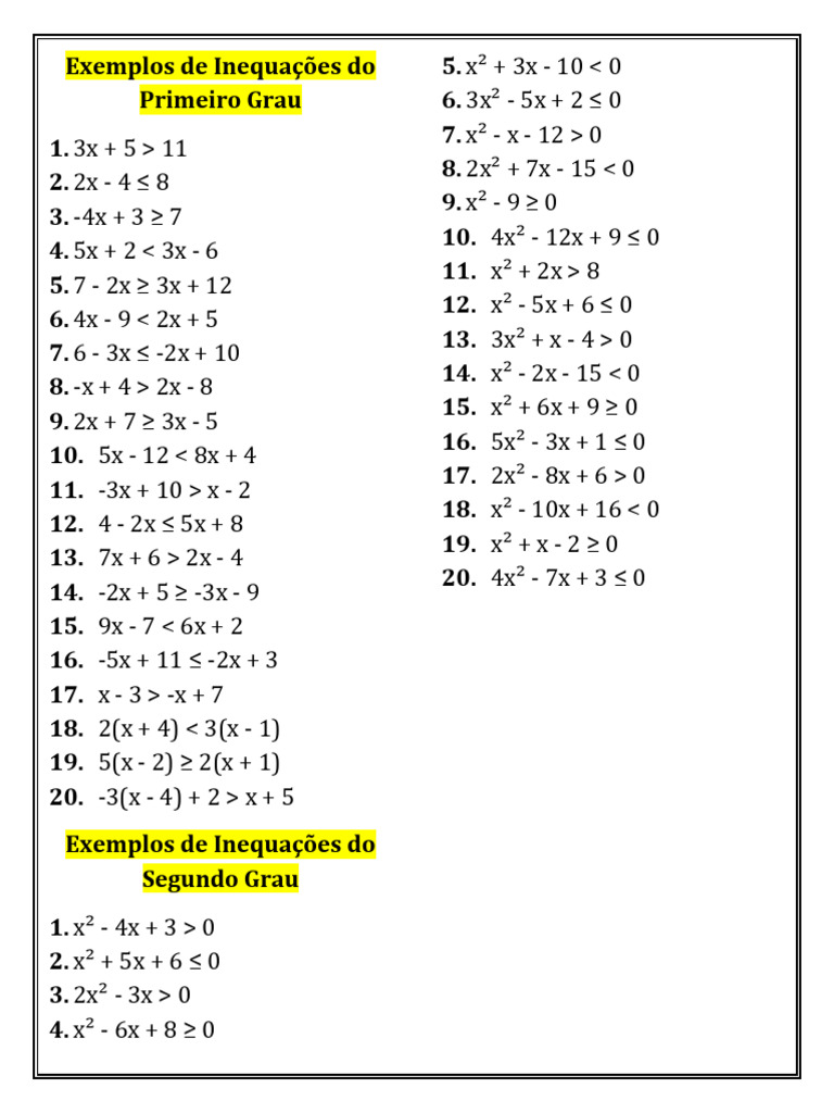Exemplos de Inequações: 1º e 2º Grau | PDF