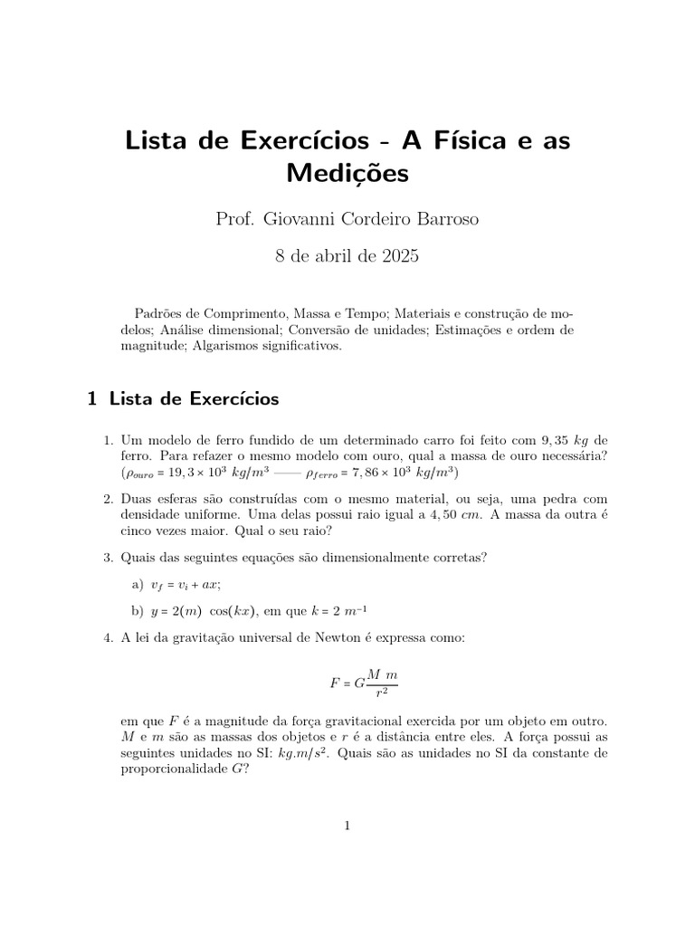 Exercícios de Física: Medições e Unidades | PDF | Massa | Quilograma